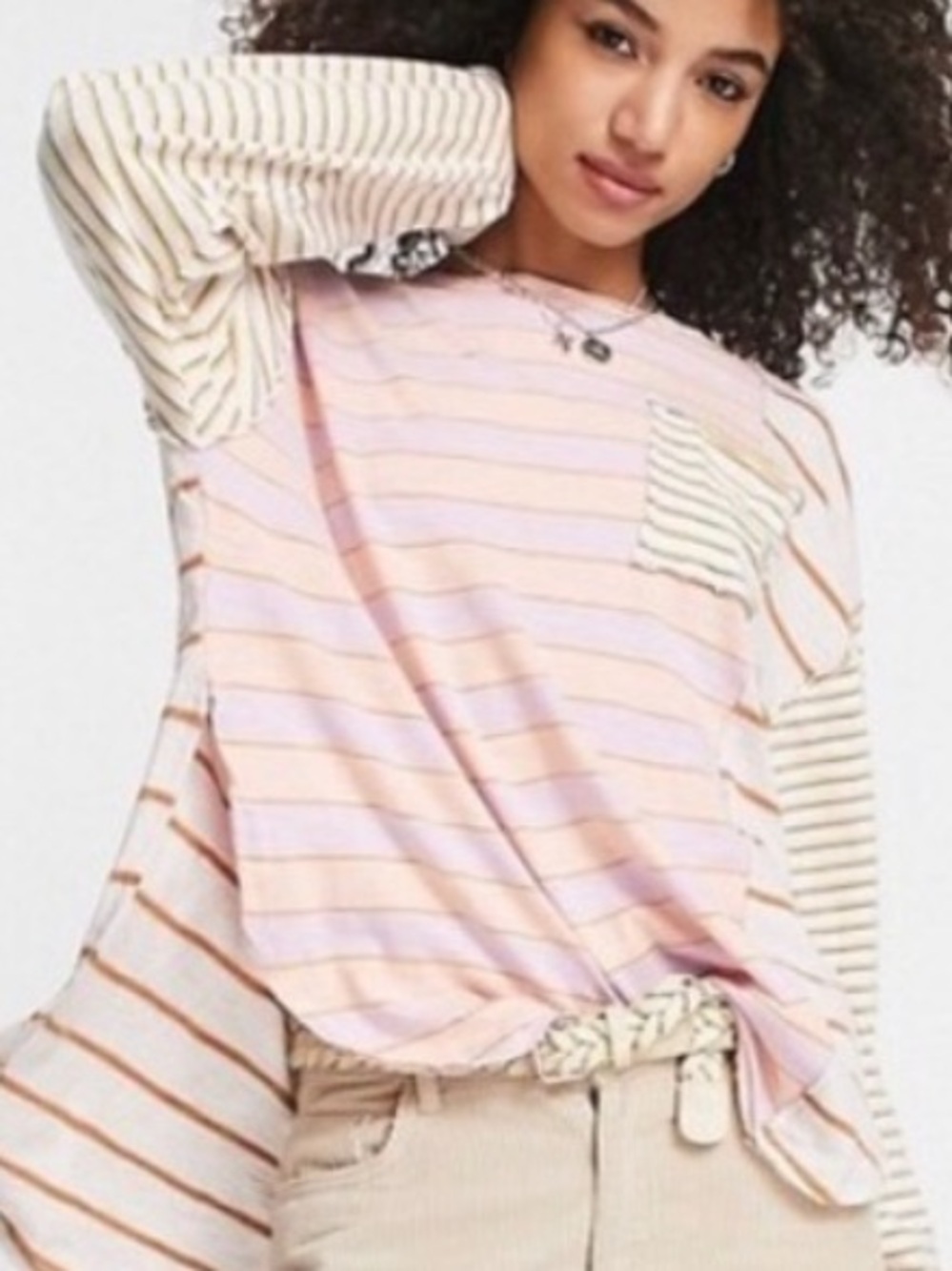 Free people Striped Patchwork Long-Sleeve Top - Pink & Cream! NWT! XS